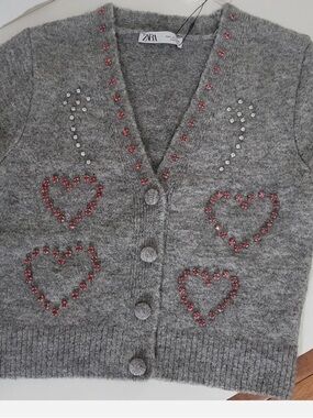 Zara Gray Cropped Cardigan with Red Heart Embroidery and Rhinestones